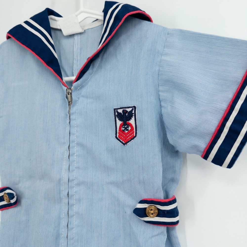 Vintage 1970s Toddler Sailor Romper Blue Zip Front 3T‎ Navy Military Nautical - Picture 2 of 7